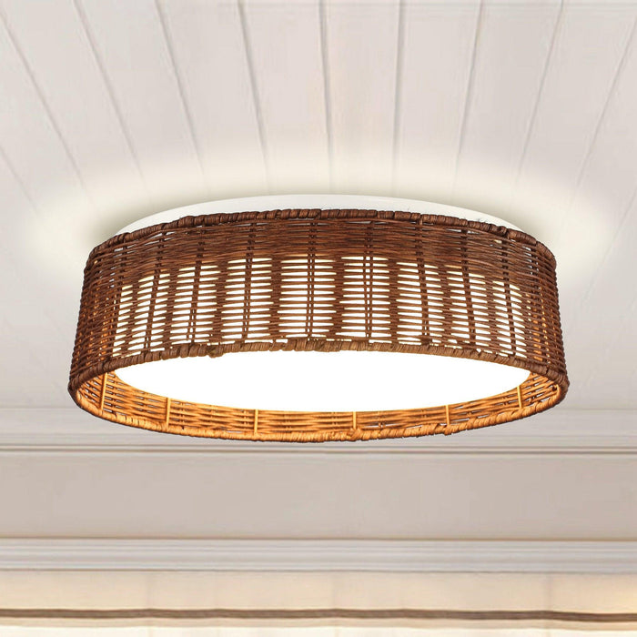 17" Traditional Brown Rattan Flush Mount Lighting with LED - Sweatfully