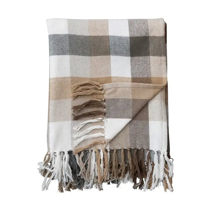 Brushed Cotton Flannel Throw w/ Fringe, Plaid - Sweatfully