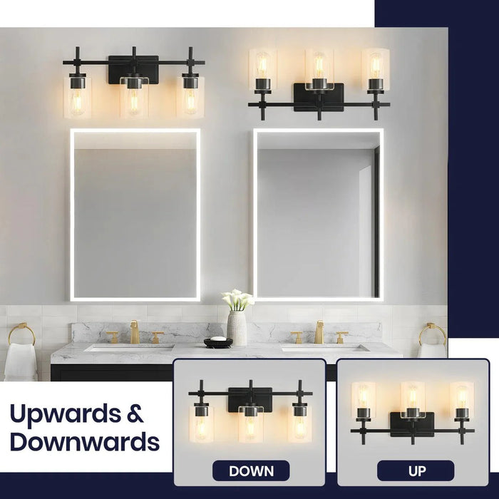 Jasper 3-Light Modern Clear Glass Bathroom Vanity Light, Black & Nickel - Sweatfully