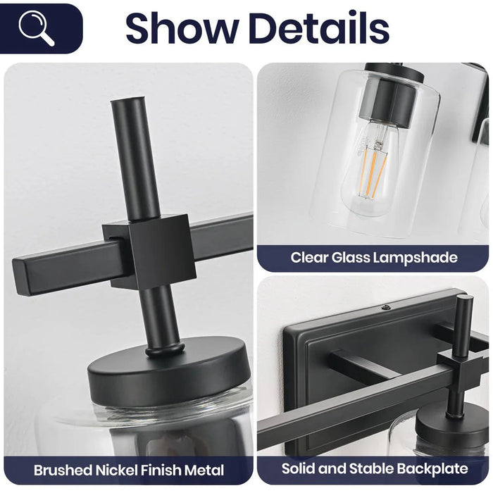 Jasper 3-Light Modern Clear Glass Bathroom Vanity Light, Black & Nickel - Sweatfully