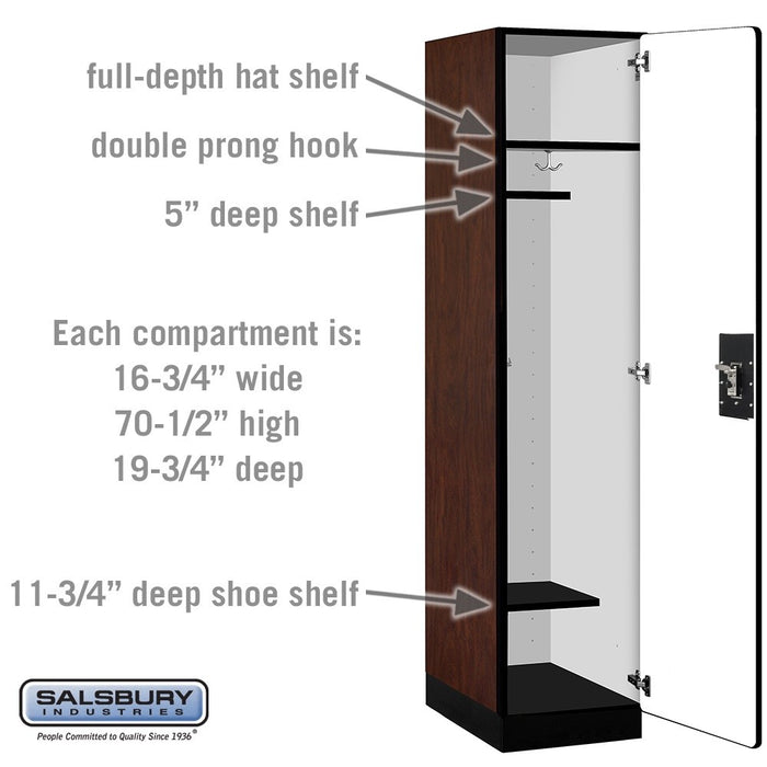 Salsbury 18" Wide Single Tier Designer Wood Locker - 1 Wide - 6 Feet High - 21 Inches Deep - Mahogany - Silver Resettable Combination Locks - Sweatfully