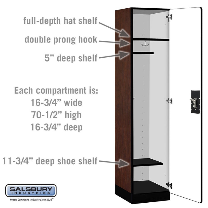 Salsbury 18" Wide Single Tier Designer Wood Locker - 1 Wide - 6 Feet High - 18 Inches Deep - Mahogany - Silver Resettable Combination Locks - Sweatfully