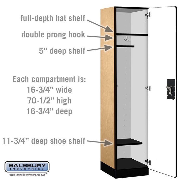 Salsbury 18" Wide Single Tier Designer Wood Locker - 1 Wide - 6 Feet High - 18 Inches Deep - Maple - Black Resettable Combination Locks - Sweatfully