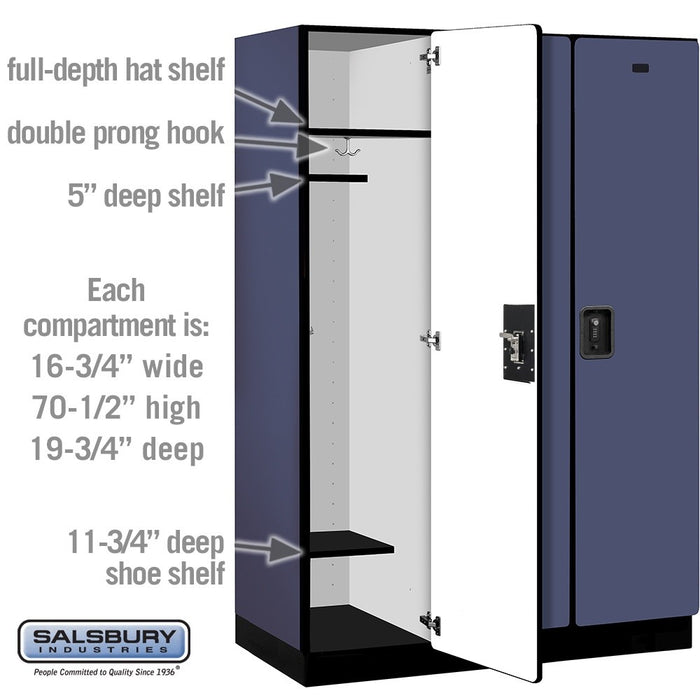 Salsbury 18" Wide Single Tier Designer Wood Locker - 3 Wide - 6 Feet High - 21 Inches Deep - Blue - Black Resettable Combination Locks - Sweatfully