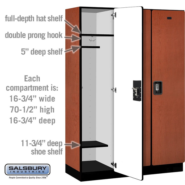 Salsbury 18" Wide Single Tier Designer Wood Locker - 3 Wide - 6 Feet High - 18 Inches Deep - Cherry - Silver Resettable Combination Locks - Sweatfully