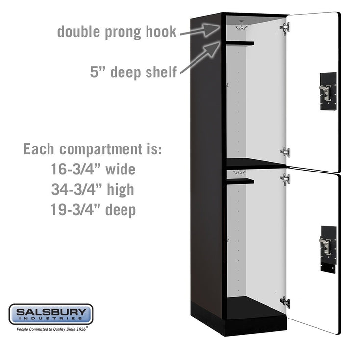 Salsbury 18" Wide Double Tier Designer Wood Locker - 1 Wide - 6 Feet High - 21 Inches Deep - Black - Black Resettable Combination Locks - Sweatfully