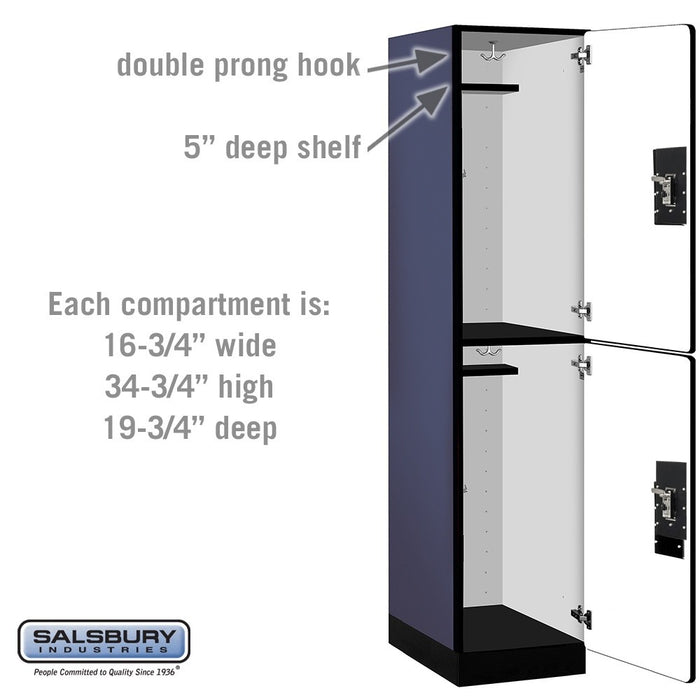 Salsbury 18" Wide Double Tier Designer Wood Locker - 1 Wide - 6 Feet High - 21 Inches Deep - Blue - Black Resettable Combination Locks - Sweatfully
