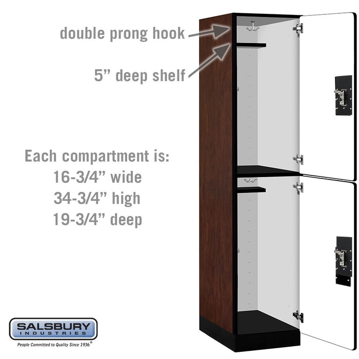 Salsbury 18" Wide Double Tier Designer Wood Locker - 1 Wide - 6 Feet High - 21 Inches Deep - Mahogany - Silver Resettable Combination Locks - Sweatfully