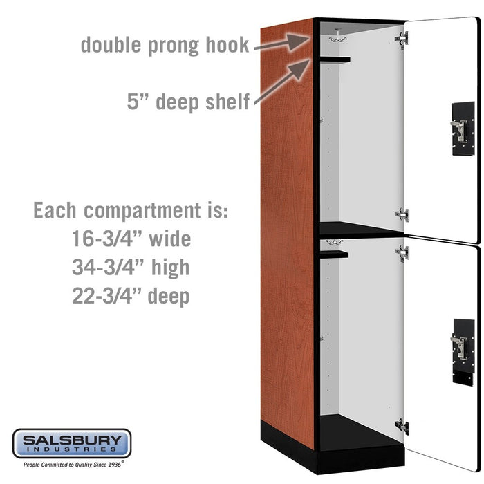 Salsbury 18" Wide Double Tier Designer Wood Locker - 1 Wide - 6 Feet High - 24 Inches Deep - Cherry - Silver Resettable Combination Locks - Sweatfully