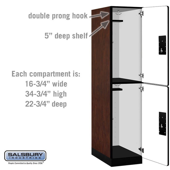 Salsbury 18" Wide Double Tier Designer Wood Locker - 1 Wide - 6 Feet High - 24 Inches Deep - Mahogany - Black Electronic Locks - Sweatfully