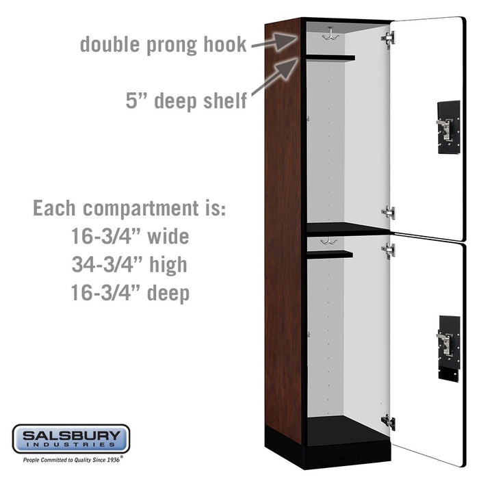 Salsbury 18" Wide Double Tier Designer Wood Locker - 1 Wide - 6 Feet High - 18 Inches Deep - Mahogany - Silver Resettable Combination Locks - Sweatfully