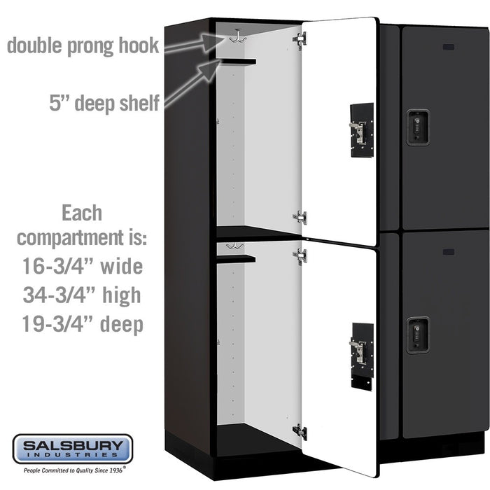 Salsbury 18" Wide Double Tier Designer Wood Locker - 3 Wide - 6 Feet High - 21 Inches Deep - Black - Black Resettable Combination Locks - Sweatfully
