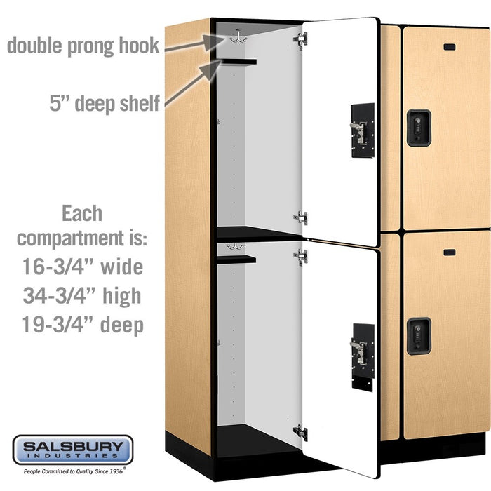 Salsbury 18" Wide Double Tier Designer Wood Locker - 3 Wide - 6 Feet High - 21 Inches Deep - Maple - Black Resettable Combination Locks - Sweatfully