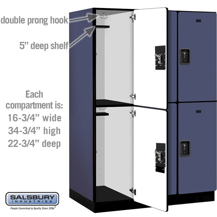 Salsbury 18" Wide Double Tier Designer Wood Locker - 3 Wide - 6 Feet High - 24 Inches Deep - Blue - Black Resettable Combination Locks - Sweatfully