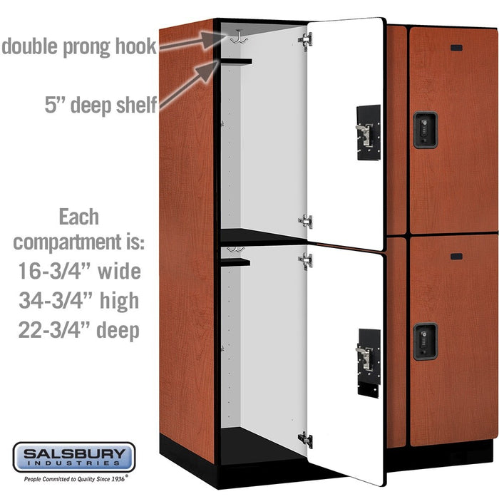 Salsbury 18" Wide Double Tier Designer Wood Locker - 3 Wide - 6 Feet High - 24 Inches Deep - Cherry - Black Resettable Combination Locks - Sweatfully