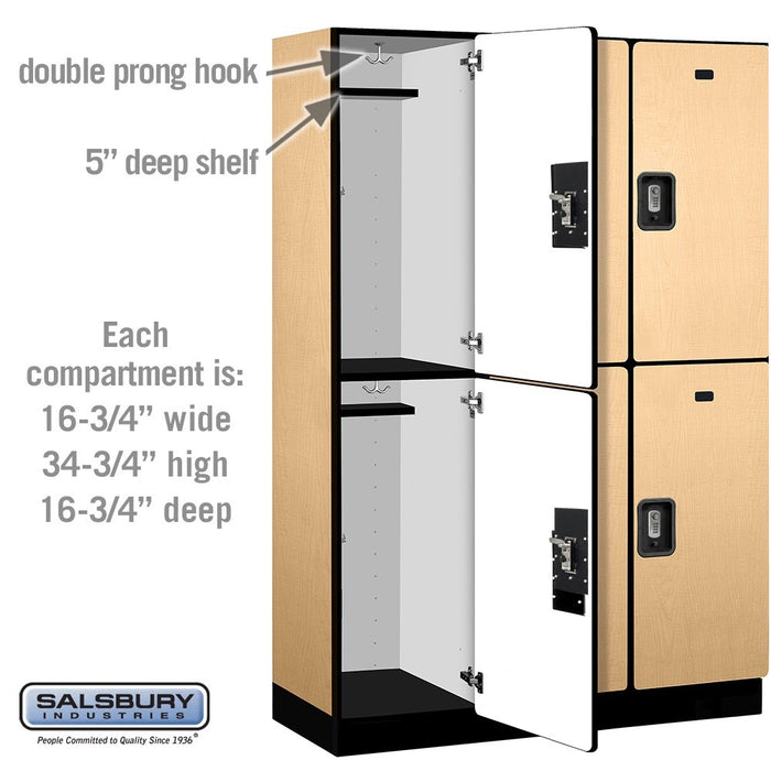 Salsbury 18" Wide Double Tier Designer Wood Locker - 3 Wide - 6 Feet High - 18 Inches Deep - Maple - Silver Resettable Combination Locks - Sweatfully