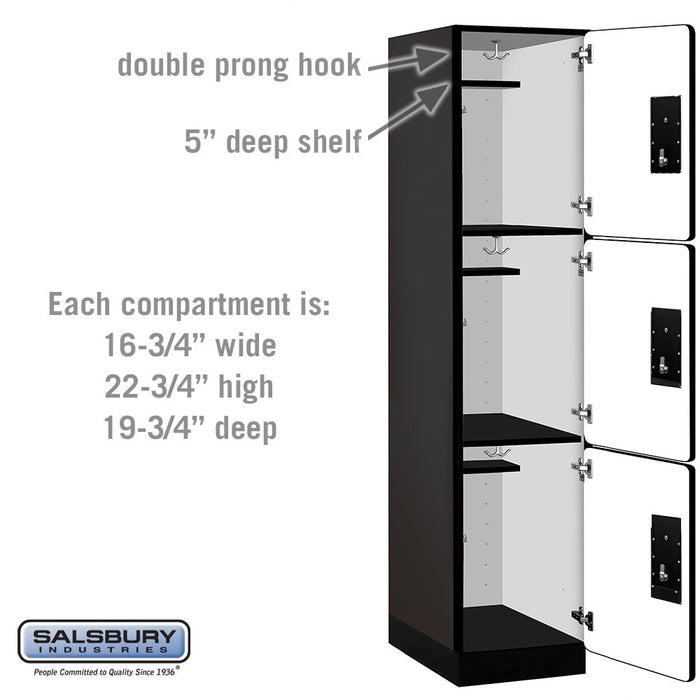 Salsbury 18" Wide Triple Tier Designer Wood Locker - 1 Wide - 6 Feet High - 21 Inches Deep - Black - Silver Electronic Locks - Sweatfully