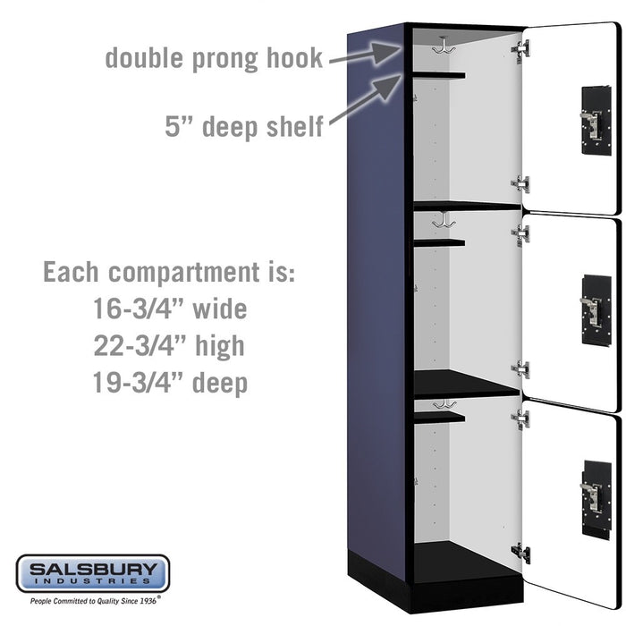 Salsbury 18" Wide Triple Tier Designer Wood Locker - 1 Wide - 6 Feet High - 21 Inches Deep - Blue - Black Resettable Combination Locks - Sweatfully