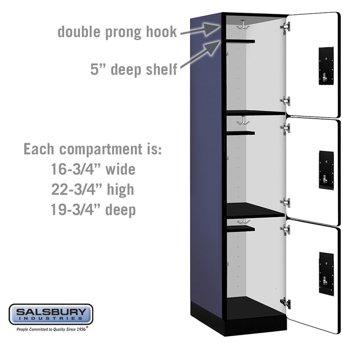 Salsbury 18" Wide Triple Tier Designer Wood Locker - 1 Wide - 6 Feet High - 21 Inches Deep - Blue - Silver Electronic Locks - Sweatfully