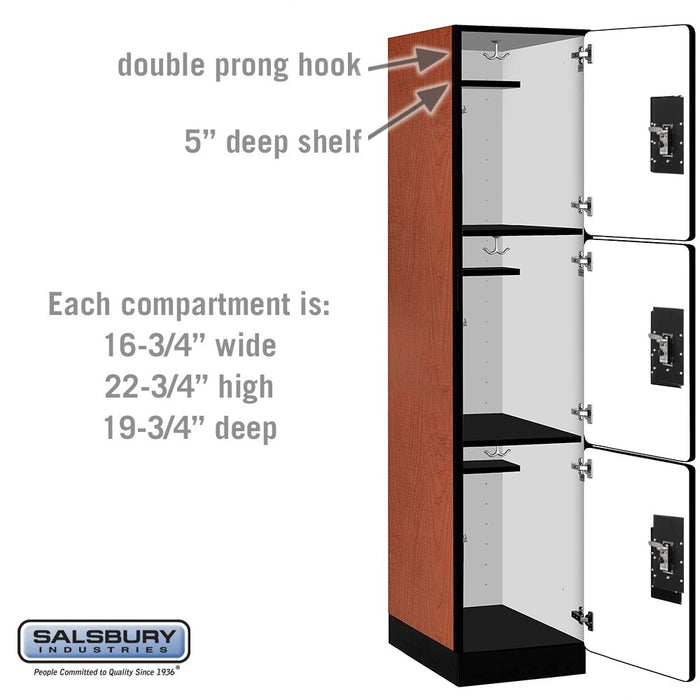Salsbury 18" Wide Triple Tier Designer Wood Locker - 1 Wide - 6 Feet High - 21 Inches Deep - Cherry - Silver Resettable Combination Locks - Sweatfully