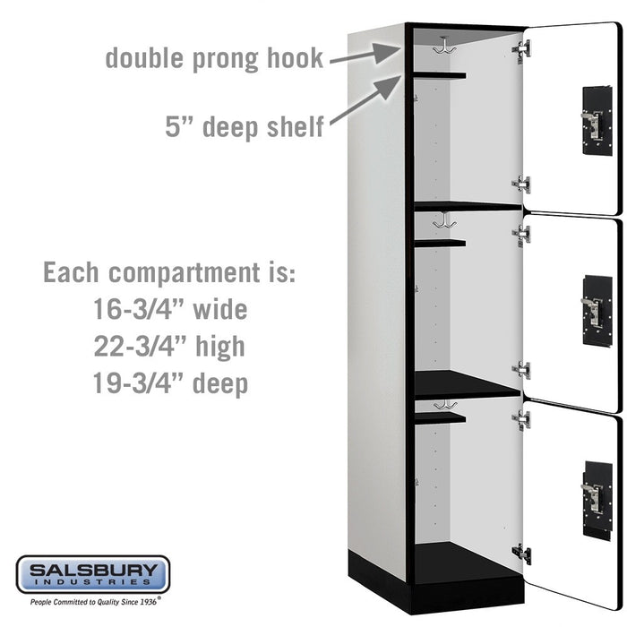Salsbury 18" Wide Triple Tier Designer Wood Locker - 1 Wide - 6 Feet High - 21 Inches Deep - Gray - Black Resettable Combination Locks - Sweatfully