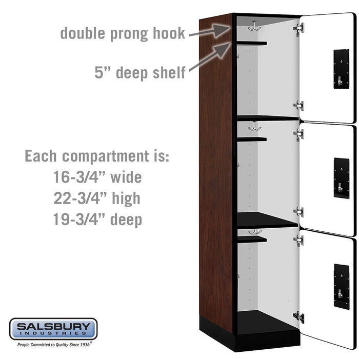 Salsbury 18" Wide Triple Tier Designer Wood Locker - 1 Wide - 6 Feet High - 21 Inches Deep - Mahogany - Black Electronic Locks - Sweatfully