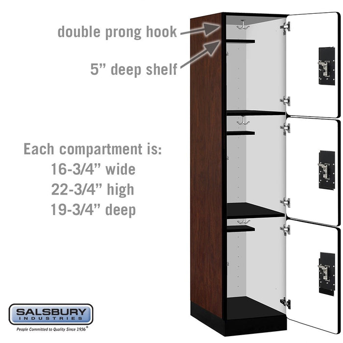 Salsbury 18" Wide Triple Tier Designer Wood Locker - 1 Wide - 6 Feet High - 21 Inches Deep - Mahogany - Black Resettable Combination Locks - Sweatfully