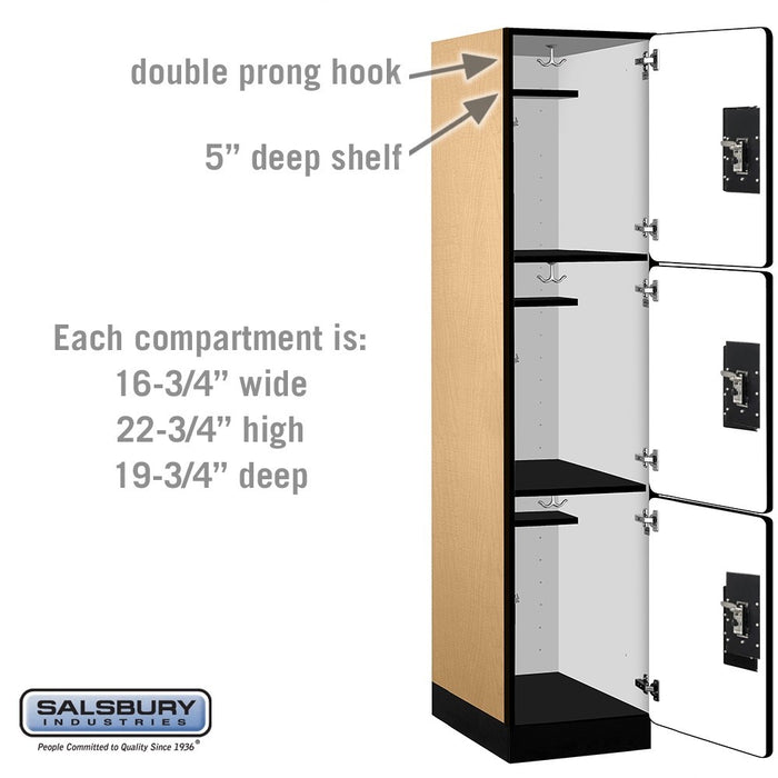 Salsbury 18" Wide Triple Tier Designer Wood Locker - 1 Wide - 6 Feet High - 21 Inches Deep - Maple - Silver Resettable Combination Locks - Sweatfully