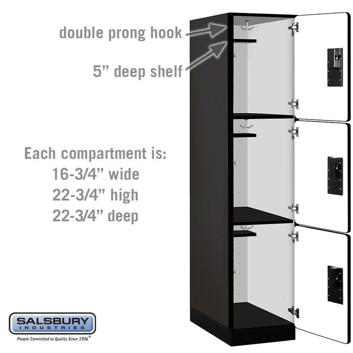 Salsbury 18" Wide Triple Tier Designer Wood Locker - 1 Wide - 6 Feet High - 24 Inches Deep - Black - Hasps - Sweatfully
