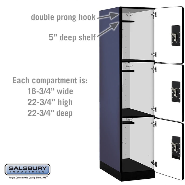 Salsbury 18" Wide Triple Tier Designer Wood Locker - 1 Wide - 6 Feet High - 24 Inches Deep - Blue - Black Resettable Combination Locks - Sweatfully