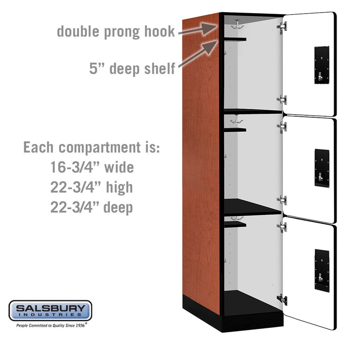 Salsbury 18" Wide Triple Tier Designer Wood Locker - 1 Wide - 6 Feet High - 24 Inches Deep - Cherry - Black Electronic Locks - Sweatfully