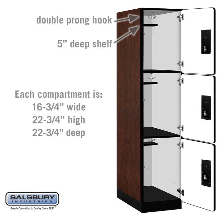Salsbury 18" Wide Triple Tier Designer Wood Locker - 1 Wide - 6 Feet High - 24 Inches Deep - Mahogany - Black Electronic Locks - Sweatfully