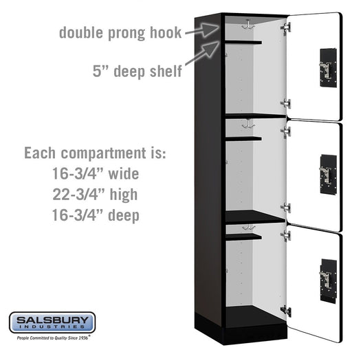 Salsbury 18" Wide Triple Tier Designer Wood Locker - 1 Wide - 6 Feet High - 18 Inches Deep - Black - Black Resettable Combination Locks - Sweatfully