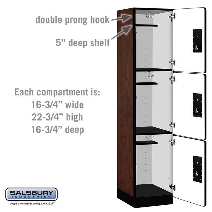 Salsbury 18" Wide Triple Tier Designer Wood Locker - 1 Wide - 6 Feet High - 18 Inches Deep - Mahogany - Black Electronic Locks - Sweatfully