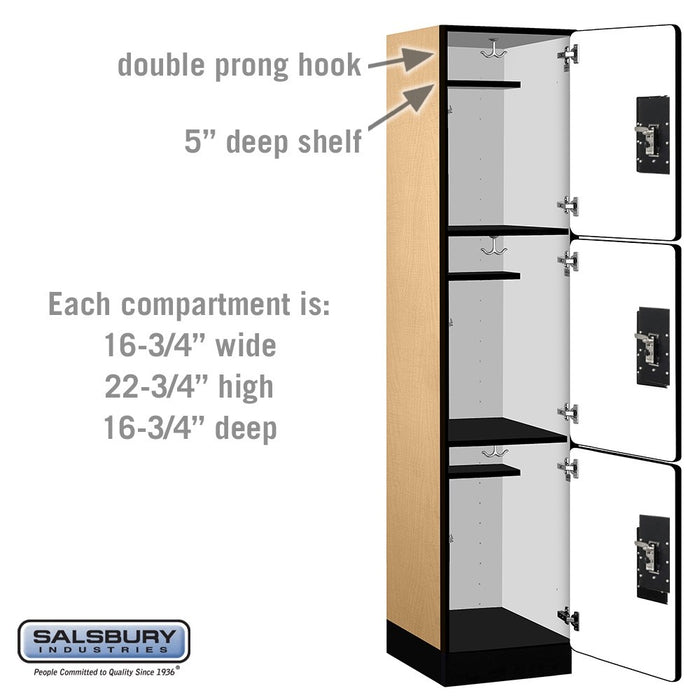 Salsbury 18" Wide Triple Tier Designer Wood Locker - 1 Wide - 6 Feet High - 18 Inches Deep - Maple - Silver Resettable Combination Locks - Sweatfully