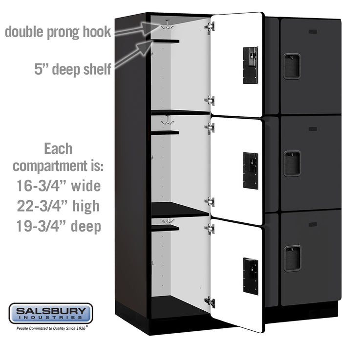 Salsbury 18" Wide Triple Tier Designer Wood Locker - 3 Wide - 6 Feet High - 21 Inches Deep - Black - Hasps - Sweatfully