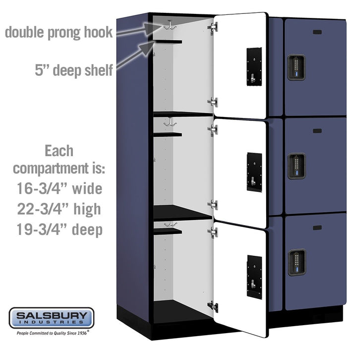 Salsbury 18" Wide Triple Tier Designer Wood Locker - 3 Wide - 6 Feet High - 21 Inches Deep - Blue - Black Electronic Locks - Sweatfully