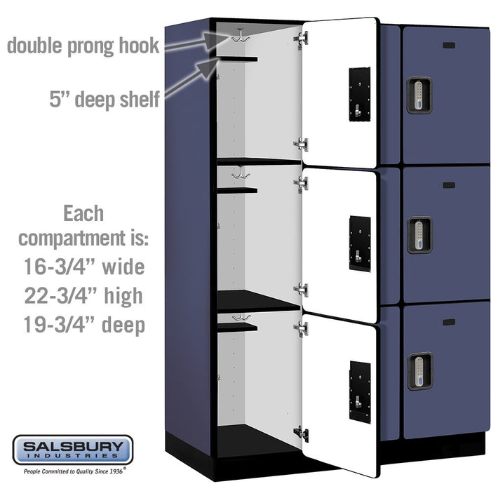 Salsbury 18" Wide Triple Tier Designer Wood Locker - 3 Wide - 6 Feet High - 21 Inches Deep - Blue - Silver Electronic Locks - Sweatfully
