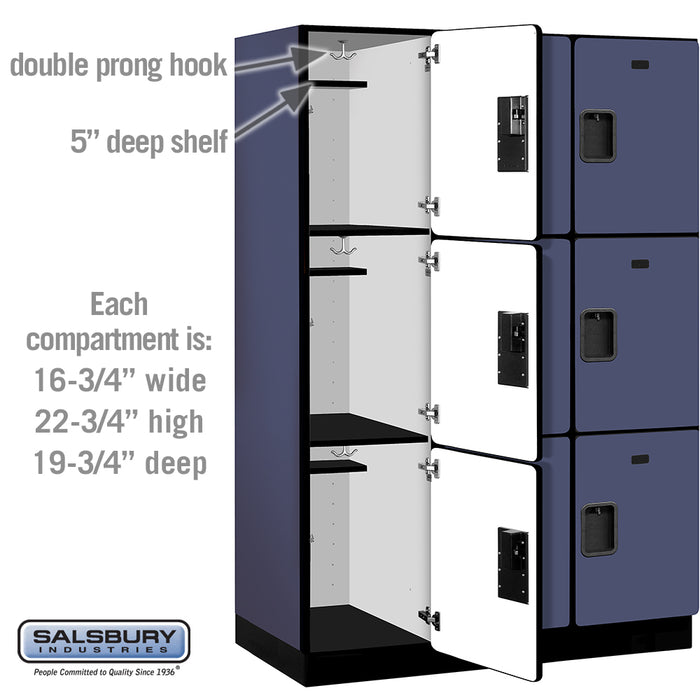 Salsbury 18" Wide Triple Tier Designer Wood Locker - 3 Wide - 6 Feet High - 21 Inches Deep - Blue - Hasps - Sweatfully