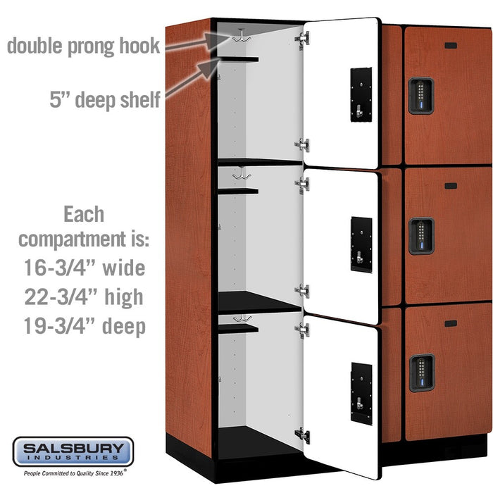 Salsbury 18" Wide Triple Tier Designer Wood Locker - 3 Wide - 6 Feet High - 21 Inches Deep - Cherry - Black Electronic Locks - Sweatfully