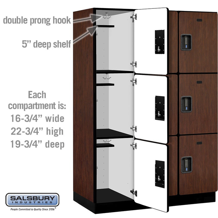 Salsbury 18" Wide Triple Tier Designer Wood Locker - 3 Wide - 6 Feet High - 21 Inches Deep - Mahogany - Black Electronic Locks - Sweatfully