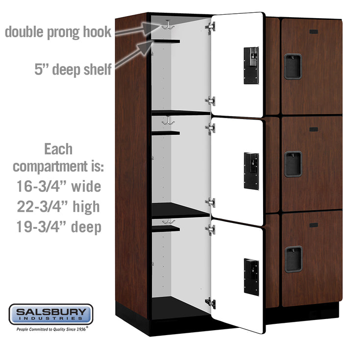 Salsbury 18" Wide Triple Tier Designer Wood Locker - 3 Wide - 6 Feet High - 21 Inches Deep - Mahogany - Hasps - Sweatfully