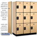 Salsbury 18" Wide Triple Tier Designer Wood Locker - 3 Wide - 6 Feet High - 21 Inches Deep - Maple - Black Resettable Combination Locks - Sweatfully