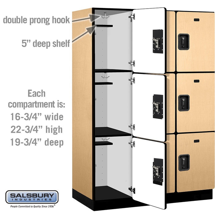 Salsbury 18" Wide Triple Tier Designer Wood Locker - 3 Wide - 6 Feet High - 21 Inches Deep - Maple - Black Resettable Combination Locks - Sweatfully
