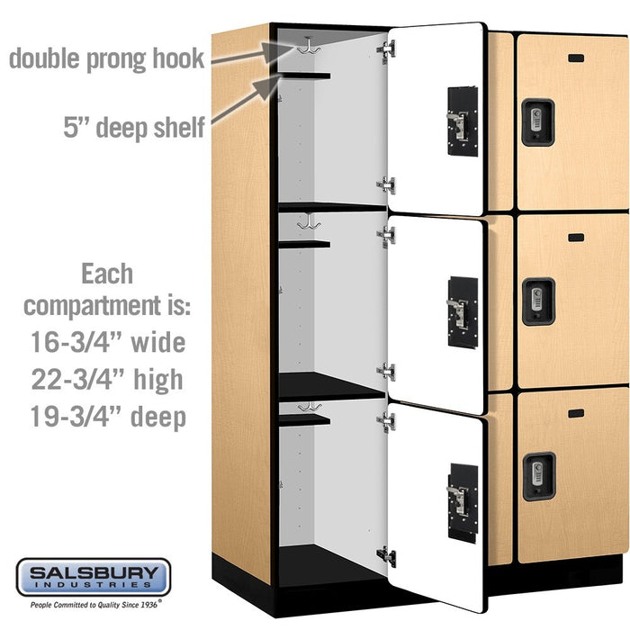Salsbury 18" Wide Triple Tier Designer Wood Locker - 3 Wide - 6 Feet High - 21 Inches Deep - Maple - Silver Resettable Combination Locks - Sweatfully
