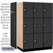 Salsbury 18" Wide Triple Tier Designer Wood Locker - 3 Wide - 6 Feet High - 24 Inches Deep - Black - Silver Resettable Combination Locks - Sweatfully