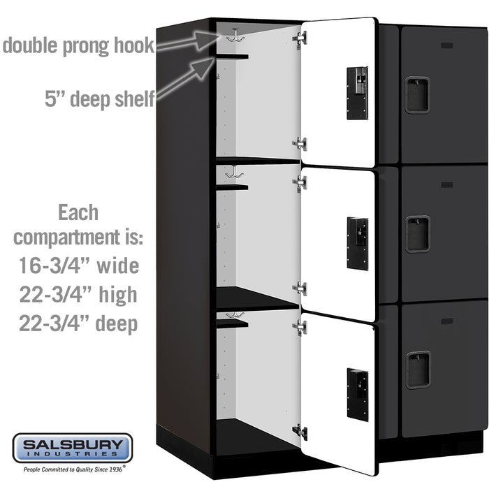Salsbury 18" Wide Triple Tier Designer Wood Locker - 3 Wide - 6 Feet High - 24 Inches Deep - Black - Hasps - Sweatfully