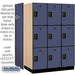 Salsbury 18" Wide Triple Tier Designer Wood Locker - 3 Wide - 6 Feet High - 24 Inches Deep - Blue - Black Resettable Combination Locks - Sweatfully
