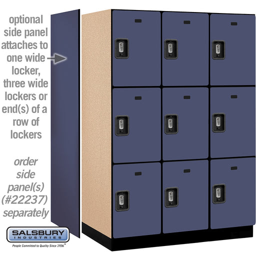 Salsbury 18" Wide Triple Tier Designer Wood Locker - 3 Wide - 6 Feet High - 24 Inches Deep - Blue - Silver Resettable Combination Locks - Sweatfully
