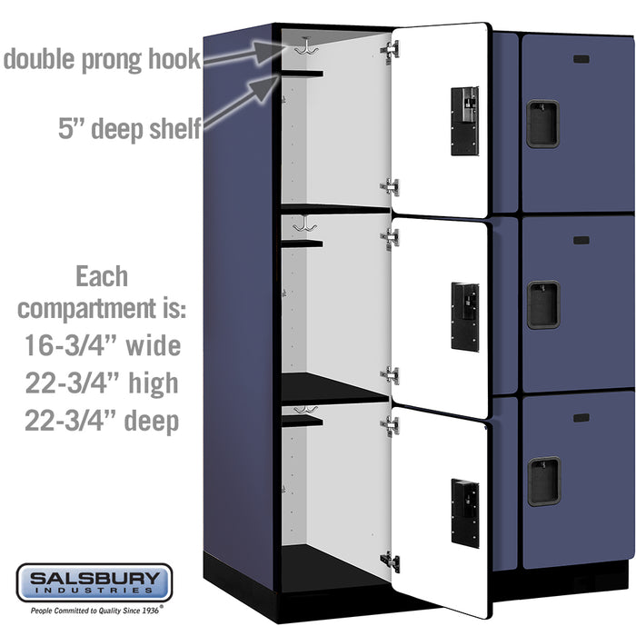 Salsbury 18" Wide Triple Tier Designer Wood Locker - 3 Wide - 6 Feet High - 24 Inches Deep - Blue - Hasps - Sweatfully